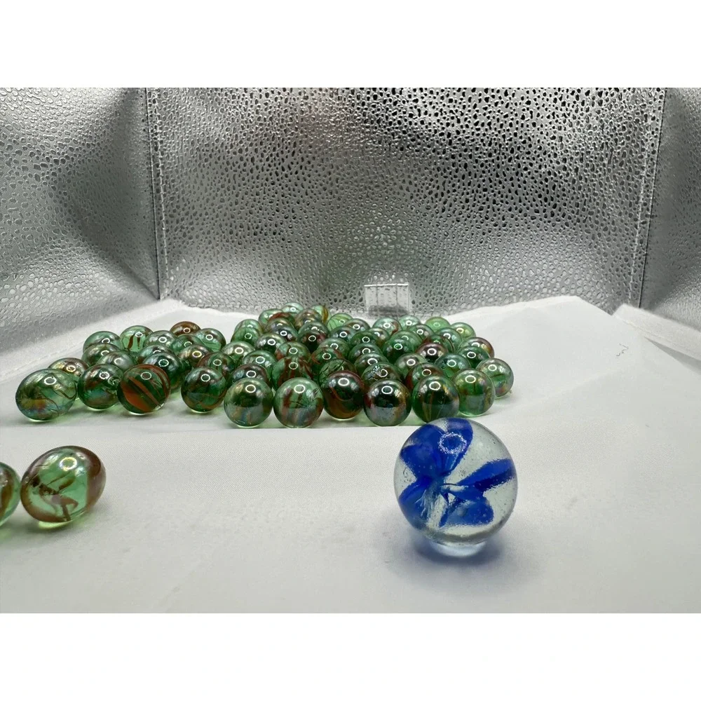 Vintage Glass‎ Marbles Lot 73 Green Swirl + Blue Shooter Mixed Sizes